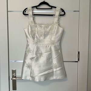 White Floral Appliqué Satin Mini Dress